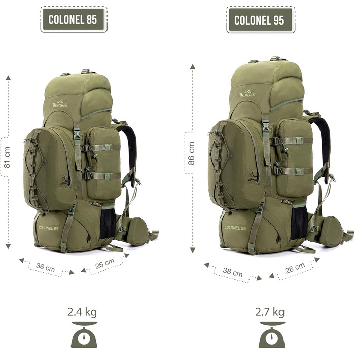 Tripole Rucksack from the Colonel Series with Internal Frame - Featuring Detachable Daypack and Rain Cover (95 Liters, Olive Green)