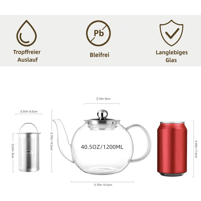 Скляна чайниця CNGLASS 600мл/20.3oz з ситом, стійка до плити, для листового та квіткового чаю
