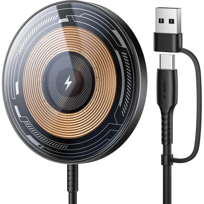 Бездротовий зарядний пристрій JSAUX MagSafe 15W для iPhone 17 Air Pro Max, iPhone 16/15/14 13 12, AirPods 3/2, Синій (прозорий)