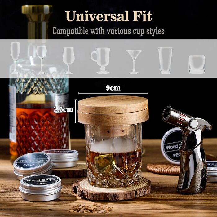 Набір для копчення віскі – Old Fashioned Cocktail, 6 дерев'яних чіпсів, 4 гранітні камені для віскі, запальничка та аксесуари для любителів віскі та коктейлів (без бутану), гранітні камені з нержавіючої сталі