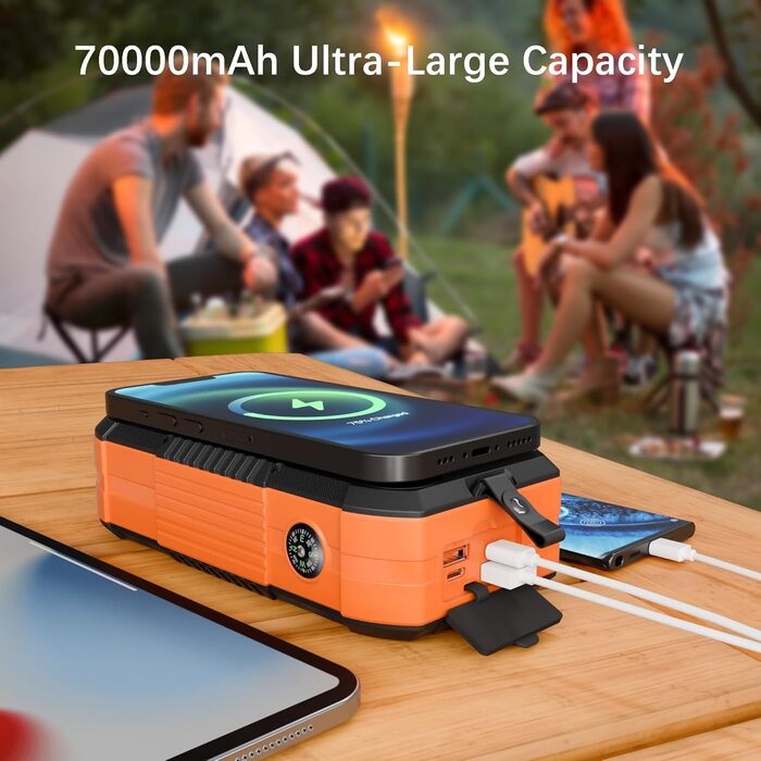 Портативний зарядний пристрій 70000mAh з сонячною панеллю: Power Bank з PD 30W, бездротова зарядка, 6 виходів USB, ліхтарик, компас, ручка для підзарядки, для кемпінгу та активного відпочинку, помаранчевий
