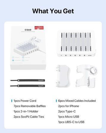 Зарядна станція SooPii USB 60W/12A, 6 портів з PD 20W для iPhone/Samsung, тримач для Apple Watch, 6 кабелів у комплекті - біла
