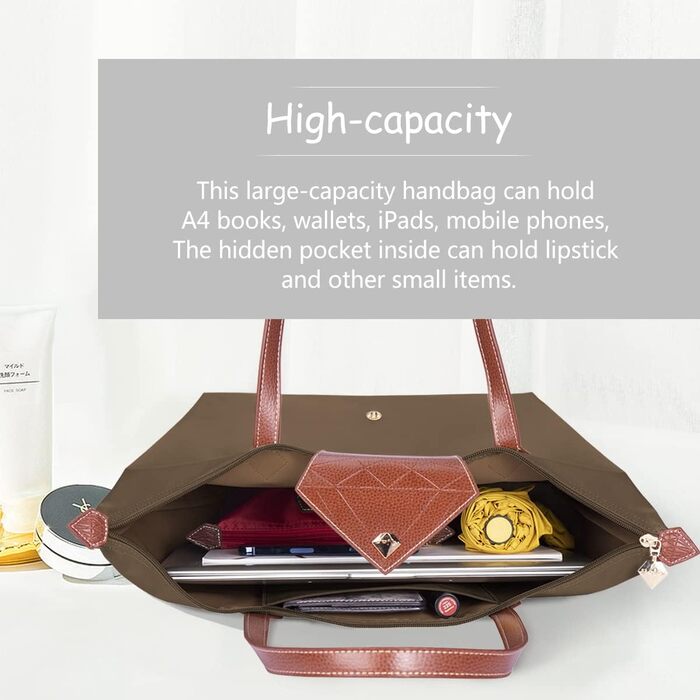 Сумка жіноча велика, водонепроникна сумка-шопер через плече, чорна сумка для дозвілля, подорожей, офісу, покупок (Хакі, L)