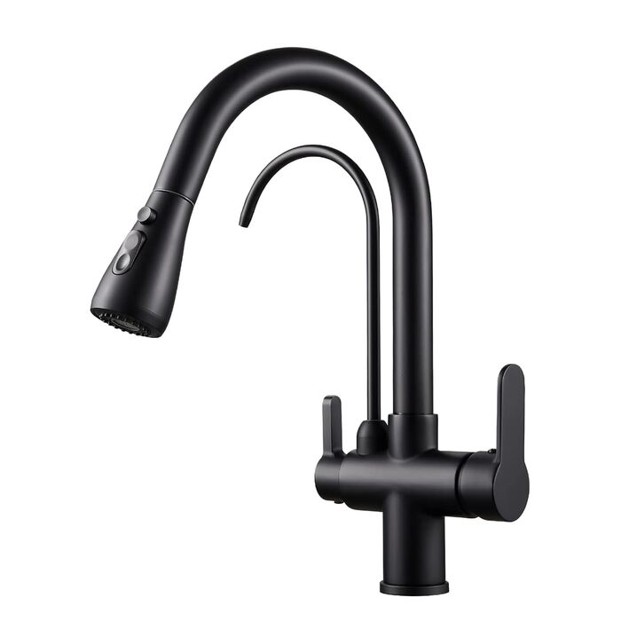 Чорний кухонний змішувач з висувною лійкою 360°, з нержавіючої сталі, для фільтрованої води