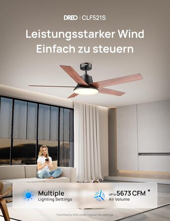 Дрео Смарт стельовий вентилятор з підсвічуванням, 132 см, 12 швидкостей, 3 режими, регульоване LED-підсвічування, тихий DC-двигун, 12H таймер, керування пультом/APP/Alexa, для приміщень (Чорний)