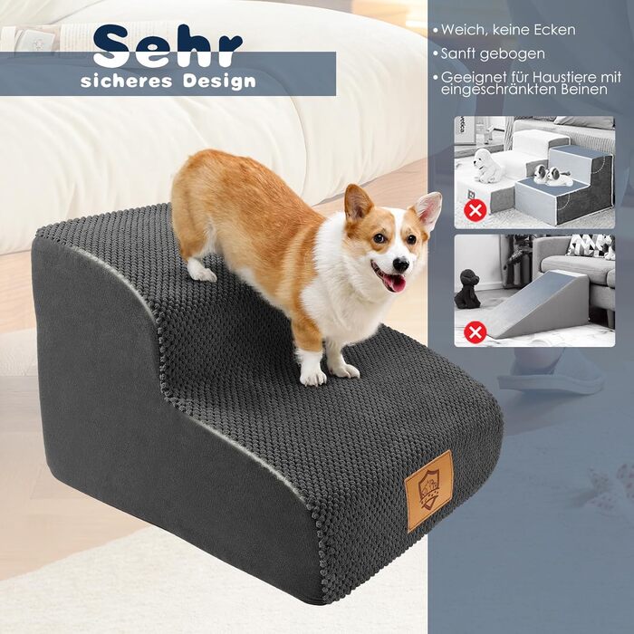 2-Step Dog Stairs, 40cm Cat Stairs with Washable Cover, Dog Stairs for Small Dogs, Pet Stairs for Dogs and Cats, Cat Stairs for Senior Cats, Black