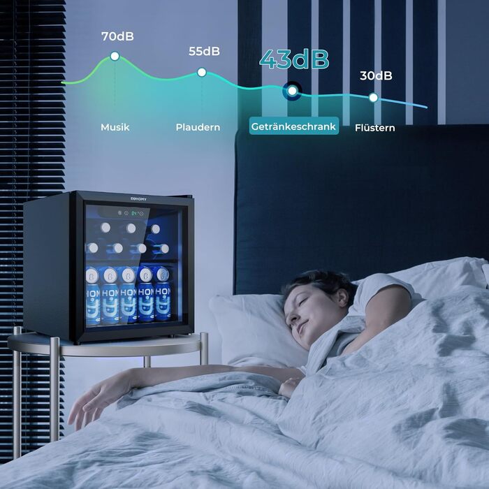 Міні-холодильник EUHOMY для напоїв на 55 банок, чорний, 36L, з дверцятами з прозорого скла, LED-підсвітка, тихий (43dB), для офісу, кімнати, бару