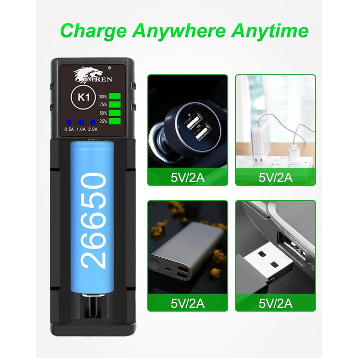 Зарядний пристрій IMREN 18650 з 4 слотами, 2A, USB-C, для акумуляторів 3.7V Li-Ion 18350 14500 14650 17500 18700 20700 21700 22650 26650 1.2V NI-MH/NI-Cd AA AAA C