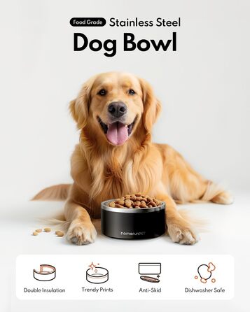 Нержавійна миска для собак HomeRunPet, 1 л з неслизьким дном, подвійні стінки, ізольована, для маленьких, середніх та великих собак, чорна