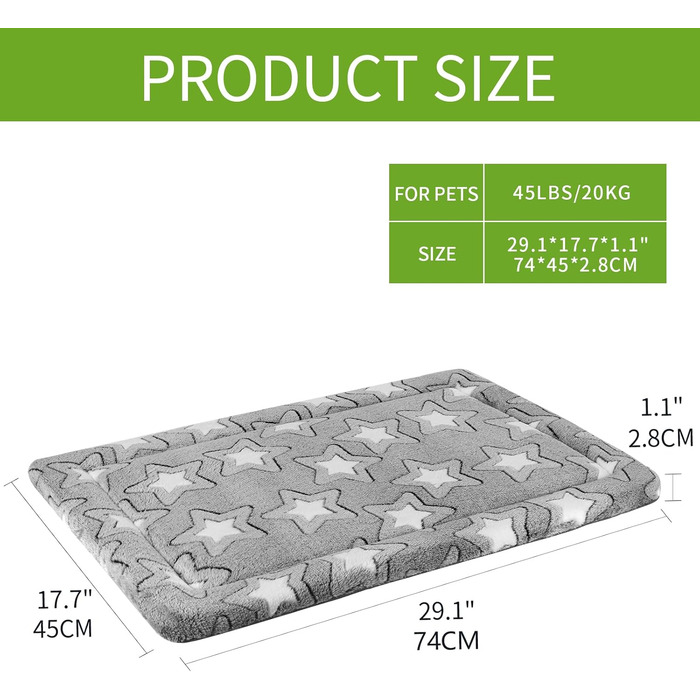 EMPSIGN Dog Bed, Medium Dogs, Washable Dog Cushion (cool and warm), Dog Mat made of high-density foam for crates, grey, 76x51x2.8cm
