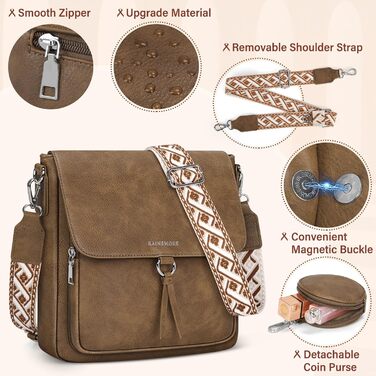 Сумка жіноча RAINSMORE середнього розміру через плече, крос-боді, екошкіра, з широким ременем (Кава)