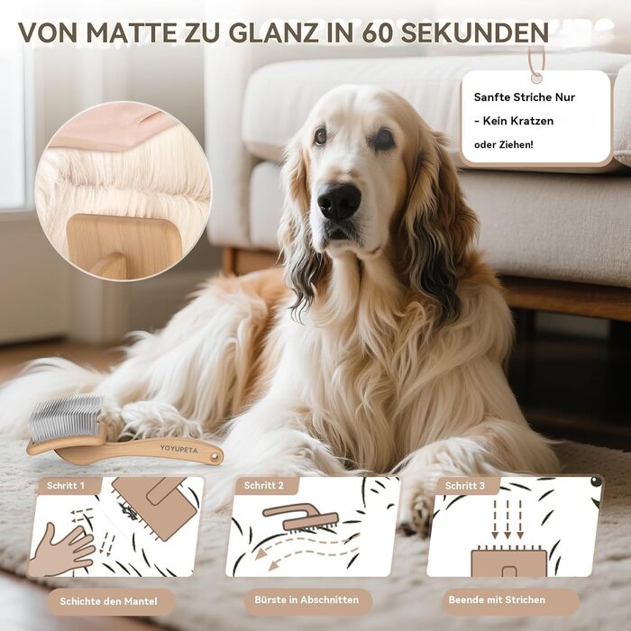Набір гребінців для собак та котів зі щіткою Slicker - 3 шт. з дерев'яною ручкою, гребінець для підшерстя та гребінець з нержавіючої сталі - для довгошерстих порід, таких як голден ретривер та австралійська вівчарка (лакований)