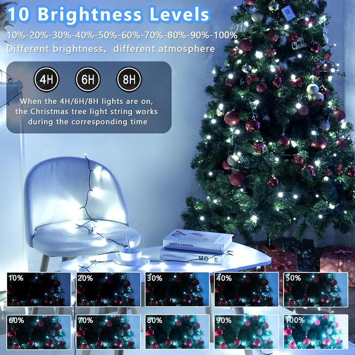 Ланцюжок прикрас LED 10м, 100 світлодіодів, тепле біле світло, з таймером, вологостійкий, для декору на Різдво, весілля, свята, балкона, саду