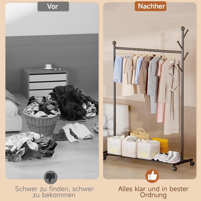 Innotic 4-in-1 Multifunctional Clothes Rack with Wheels, Shelf, and Coat Rack for Entrance, Living Room, Bedroom (Classic Black)