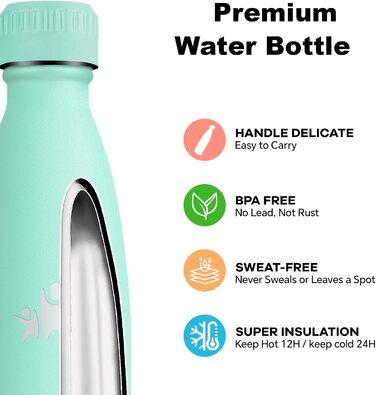 Термос-пляшка спортивна Grsta 750 мл, з нержавіючої сталі, подвійні стінки, BPA-Free, для кемпінгу, подорожей, спорту (Блакитно-зелений)