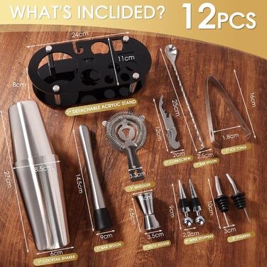 Набір для коктейлів FoiiLiio: професійний шейкер Boston, 12 предметів, нержавіюча сталь