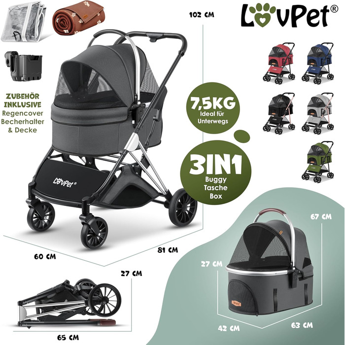Візок для собак 3в1: візок-переноска, сумка-переноска, лежанка. До 20 кг, великі колеса, сітчасті вікна, дощовик, тримач для напоїв, м'яка ковдра. Підходить для собак та котів, колір антрацит.