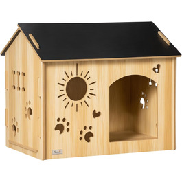 PawHut Wooden Dog House - Indoor Pet Shelter with Ventilation - MDF Oak & Black - 69x50x58.5 cm