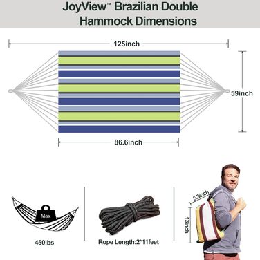 Гамак подвійний JoyView бразильський, бавовняний, 220x150 см, з мотузками для підвішування, смугастий (синьо-зелений), для тераси, саду та дому