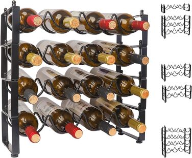 4-Tier Stackable Wine Rack, 3-in-1 Bottle Rack for 16 Bottles, Can Be Used Separately or Stacked Metal Wine Bottle Rack, Freestanding Wine Storage Rack for Cabinet Pantry (Black)