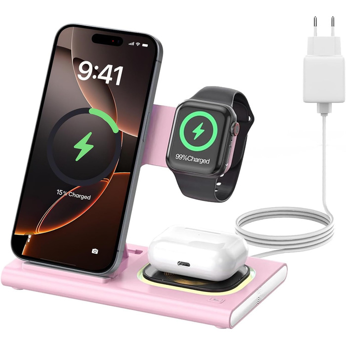 Бездротова зарядка Aimtel 3-в-1 з нічним світлом, сумісна з iPhone 17/17 Pro/17 Pro Max/17 Air та Apple Watch, для AirPods Pro