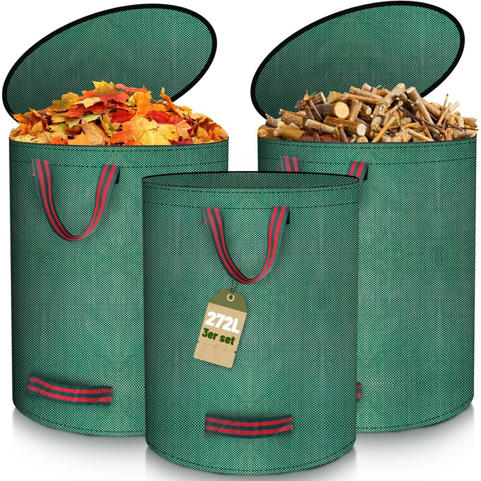 BuzzoXerex 3x Garden Waste Sack with Lid, 272L Stand-Alone Garden Sack with 4 Tear-Resistant Handles, Waterproof, Foldable, Reusable Leaves Sack Large for Garden Waste and Green Waste