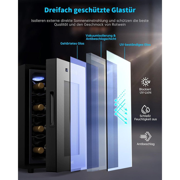 WIE 33 Liter Wine Fridge - 1 Zone Wine Cooler with Glass Door & LED Touch Panel - Mini Wine Refrigerator for 8 Bottles