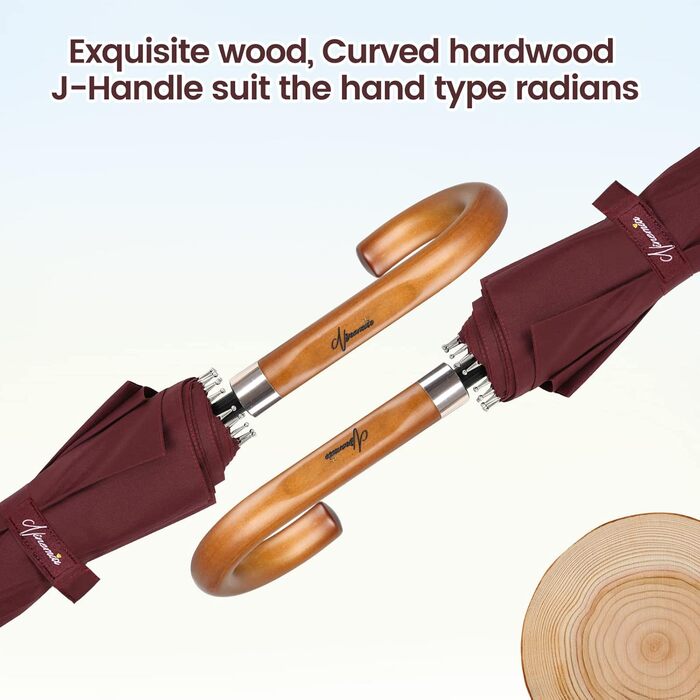 NINEMAX Large Windproof Umbrella - Wooden Handle Walking Umbrella for Men & Women - 16 Ribs Automatic Open - Burgundy