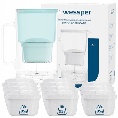 Скляний фільтрувальний глечик Wessper D2 BOROSILICATE 3л, м'ятний + 12 фільтрів