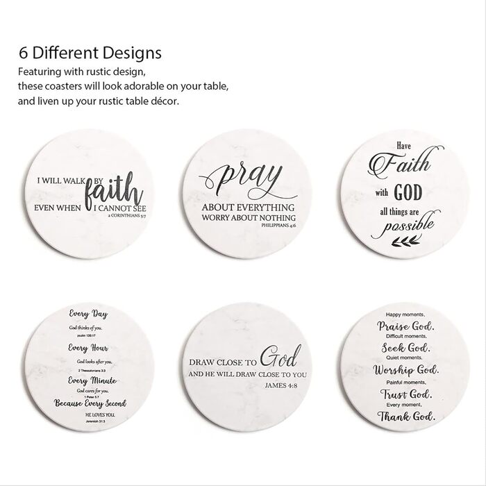 Hoomey Coasters for Drinks with Bible Verses, 6 Pack Absorbent Drink Coasters with Holder Ceramic Coasters with Cork Back for Table Protection, Christian Coasters, Christian (White)