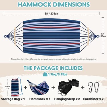 Гамак садовий ANYOO з дерев'яною перекладиною, портативний, зручний для тераси, саду, пляжу (синьо-червоно-білий)
