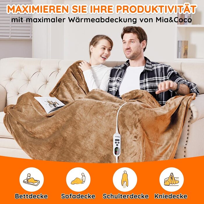 Електрична ковдра Mia&Coco з автовимкненням, 10 режимів нагріву, таймер до 9 годин, захист від перегріву, фланель, 200x180 см, бежева