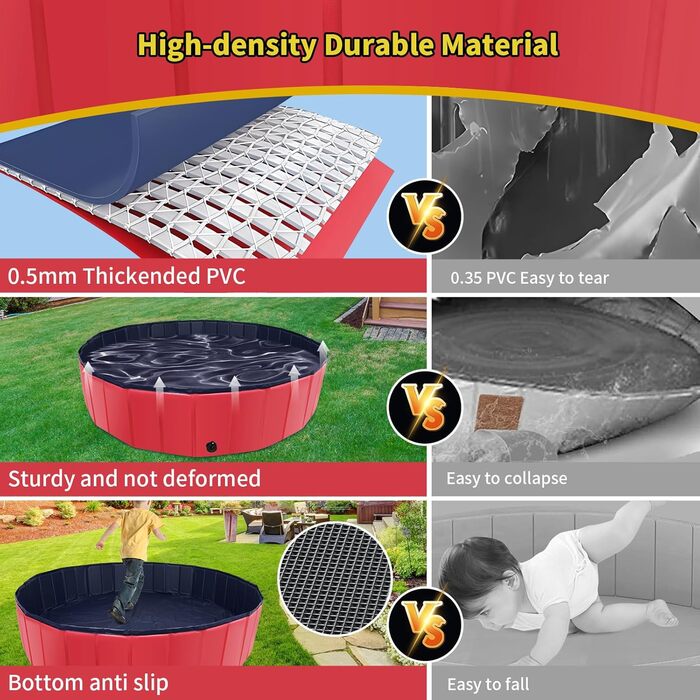 Foldable Dog Pool, 100 x 30.5 inches, Oversized, Hard Plastic, Portable, Swimming Pool for Dogs, Cats, and Children, Pet, Puppy Bathtub, Foldable, Kiddie Pool (red)