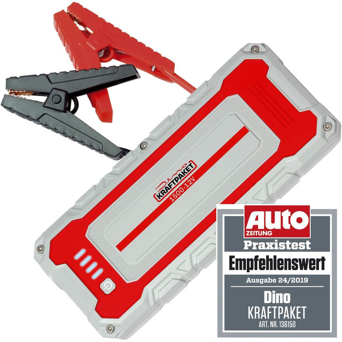Портативний пусковий пристрій Dino KRAFTPAKET 12V-1500A: для авто, мото, човнів, кемперів та електромобілів. Підтримка GEL, EFB, AGM акумуляторів.