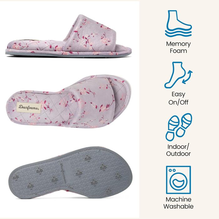 Жіночі домашні капці-шльопанці Dearfoams Beatrice Side Gore Slide з велюру, фіолетові у квітку, розмір 38/39 EU