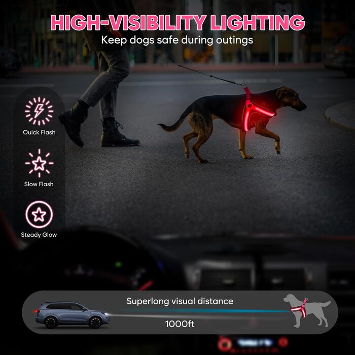 Світловідбиваючий жилет для собак BiPawTi середнього розміру, перезаряджається, жилет для собак зі світлодіодами, 3 режими світіння - світиться в темряві, шлейка для собак, для прогулянок, зелене світло (рожеве/червоне), XL