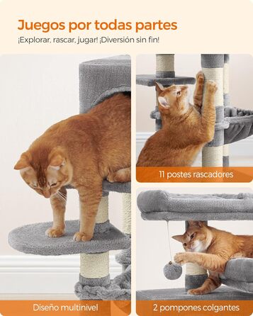 Дерево для дряпання Feandrea, 112 см, багатоповерхове, з 11 стовпчиками для дряпання, 2 платформами, будиночком та гамаком, 2 іграшками, сірий, PCT215W01