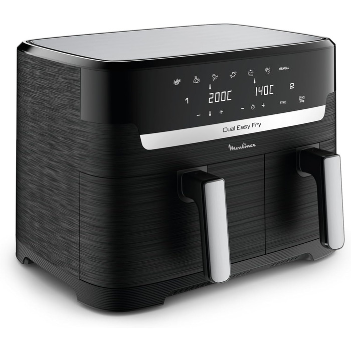 Аерофритюрниця Moulinex Dual Easy Fry 8,3 л, 7 програм, енергозбереження до 70%, подвійна чаша 5,2 л + 3,1 л, цифрове керування, книга рецептів, підходить для миття в посудомийній машині