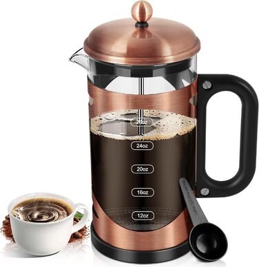 YMMIND 963.9 g French Press Coffee Maker Copper Stainless Steel Coffee Press, with 4-Stage Filtration System, Heat-Resistant Thick Borosilicate Glass, BPA-Free Brewed Coffee Pot for Camping Gifts