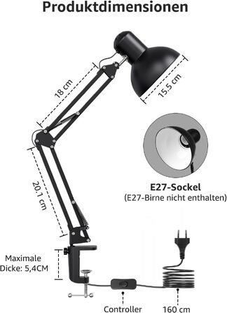 Настільна лампа Lepro Retro на затискачі, світлодіодна LED лампа для офісу та читання з регульованим гнучким кріпленням, патрон E27, чорна, 38x15x27 см