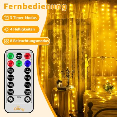 Льодосвітна штора Ollny для декорування фасаду 3x3м, 300 LED, 8 режимів, IP67, пульт, таймер, димування, для декору на Різдво, двері, стіни, вечірки, вікна, балкон (тепле біле світло)