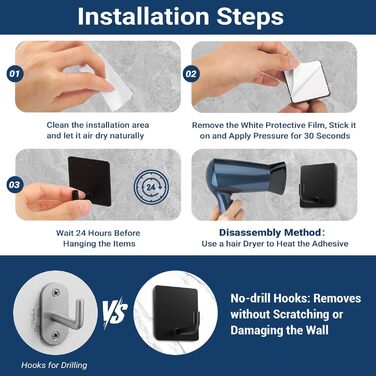 Набір гачків для рушників без свердління, 6 шт. з нержавіючої сталі, самоклеючі, до 10 кг, для ванної кімнати та кухні