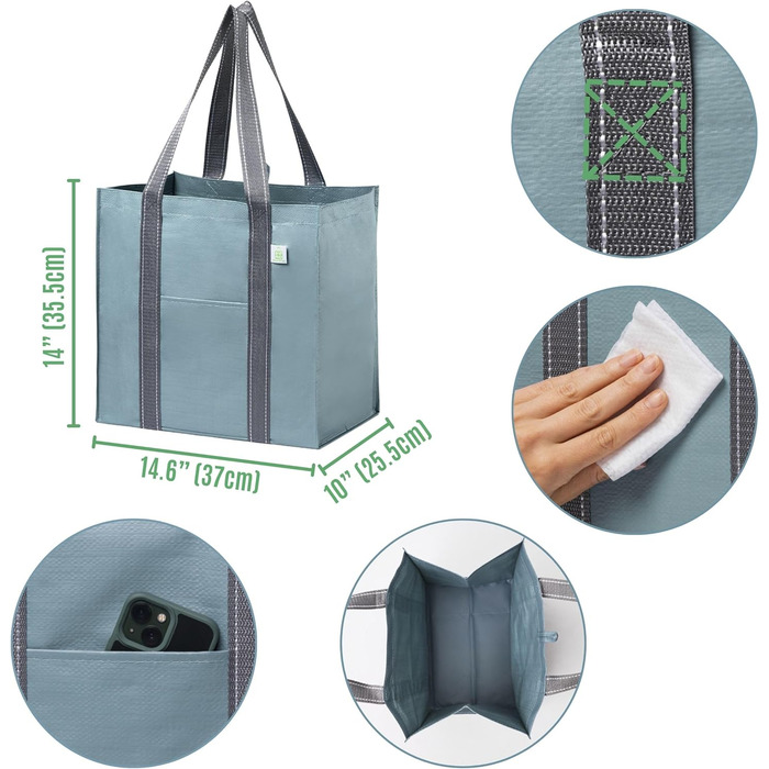 VENO 34 Liter Large Shopping Bag Foldable with Sturdy Bottom and Front Pocket, Reusable Shopping Bags Water-Resistant Tote Bag Shopping Basket for Shopping Picnic (Light Blue, 4-Pack)