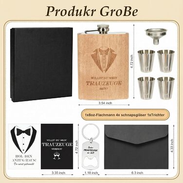 Персоналізований набір фляг 8oz з гравіюванням – фляга з нержавіючої сталі, 4 склянки, воронка & подарункова коробка для дружків, подарунок на весілля для чоловіків та жінок (колір дерева)