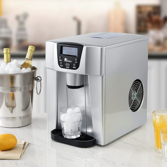 Машина для приготування льоду Juskys PIM200L з дозатором та таймером — до 12 кг/день, 2 розміри, 2л бак, срібна