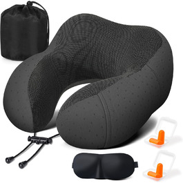 Подушка для шиї у літак - туристична подушка з Memory Foam - зручна подушка-воротник з м'яким дихаючим чохлом - ідеальна для подорожей, офісу, авто, кемпінгу, сну (Чорний)