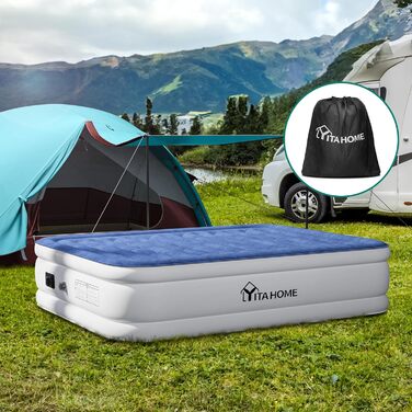Надувний матрац YITAHOME 2x1,5м з електричною помпою, самонадувний, для 2 осіб, білий/блакитний