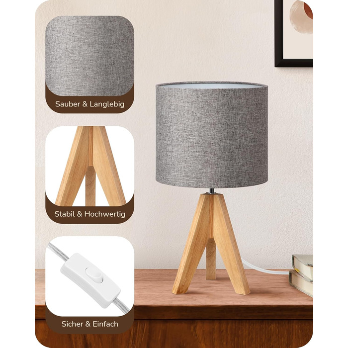 Торшер EDISHINE (2 шт.) з дерева, LED, бежевий абажур з льону, патрон E27, з лампою, вінтажний, для спальні, вітальні, подарунок (сірий)