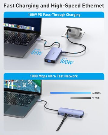 Док-станція BENFEI USB-C MST Hub - 11 в 1: 2HDMI 4K, VGA, 3 x USB 3.0, SD/TF, Ethernet, PD 100W, 3.5mm Aux для MacBook, XPS, Surface (Сірий)