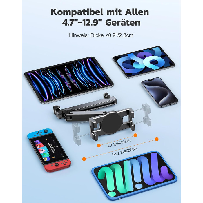 Тримач для планшета в авто, висувний кріплення, поворот на 360° - сумісний з iPad, iPhone, Galaxy Tab та іншими пристроями 4.7-12.9 дюймів